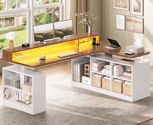 SEDETA L Shaped Electric Standing Desk, 63 inch Gaming Computer Desk with Storage Shelves and LED Lights, Height Adjustable Office Desk with Power Outlet and Pegboard, Brown Desktop SEDETA