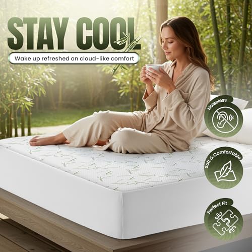 Utopia Bedding Waterproof Mattress Protector Queen Size Bed, Premium 200 GSM Bamboo Viscose Cooling Mattress Cover, Soft and Breathable, Fitted Style with 17 Inches Deep Stretchable Pockets Utopia Bedding