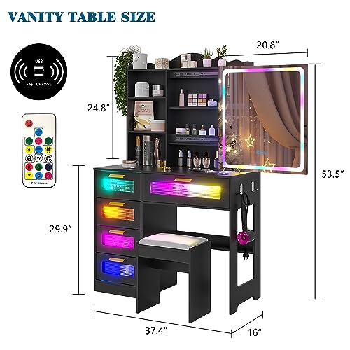 WOOVIVS Vanity Desk with Lights and Sliding Vanity Mirror, Makeup Vanity Desk with Charging Station, Vanities Dressing Table with Stool, LED Vanity Set with Large Drawers&Shelves for Bedroom, Black WOOVIVS