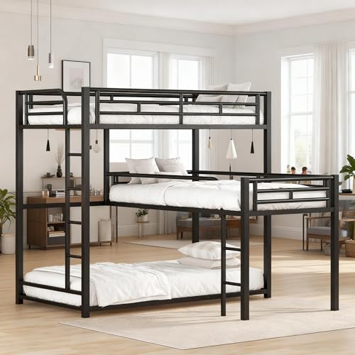KMBOHE Twin Size L-Shaped Triple Bunk Bed with 3 Twin Beds, Space Saving Corner Design for Multiple Kids, Metal Frame with Built-in Ladder & Full-Length Guardrails, No Box Spring Needed, Black KMBOHE