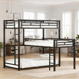KMBOHE Twin Size L-Shaped Triple Bunk Bed with 3 Twin Beds, Space Saving Corner Design for Multiple Kids, Metal Frame with Built-in Ladder & Full-Length Guardrails, No Box Spring Needed, Black KMBOHE