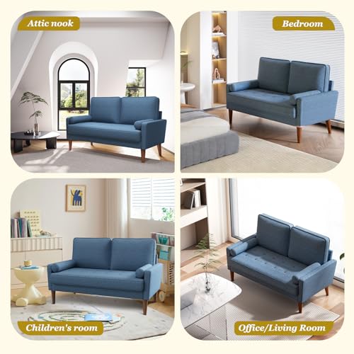Vesgantti Loveseat Sofa with Solid Wood Legs, 48" Small Couches for Small Spaces, Love Seat for Living Room, Bedroom, Easy Assembly Mid Century Modern Couch with Throw Pillow for Apartment, Blue Vesgantti