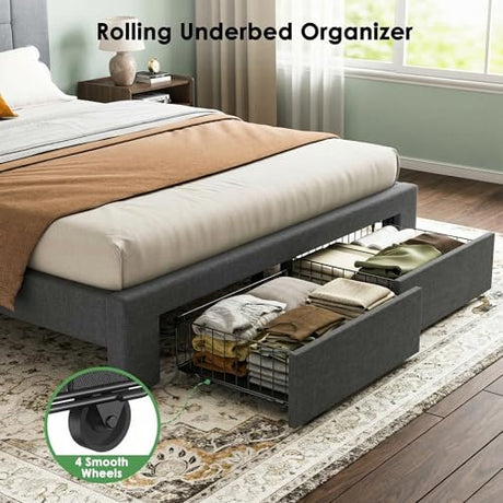 Marsail Full Bed Frame with 2 Storage Drawers - Upholstered, Adjustable Headboard,6"-12" Mattress Fit, 1300 lbs Capacity, 12-Leg Sturdy Wood Construction, Dark Gray Marsail