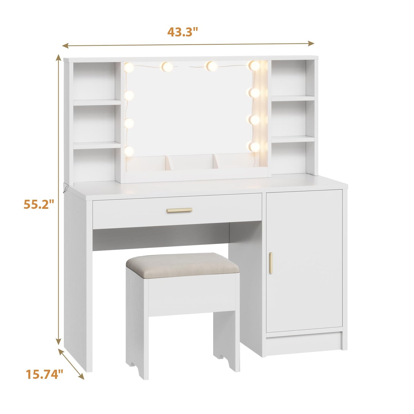 Vanity Desk with Mirror and Lights, 43'' Tabletop Makeup Vanity with Multiple Shelves & Large Cabinet, 3 Color Lighting Modes Adjustable Brightness, Makeup Table with Soft Cushioned Stool, Wh - WoodArtSupply