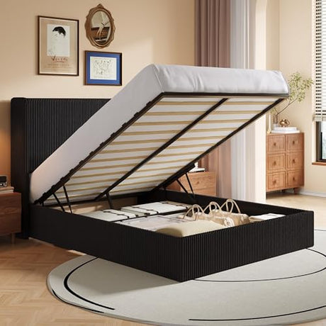 SHA CERLIN Queen Size Lift Up Storage Bed Frame, Modern Upholstered Wingback Headboard, Hydraulic Support & Underneath Storage, Soft Corduroy Fabric Platform Bed, No Box Spring Needed, Black SHA CERLIN