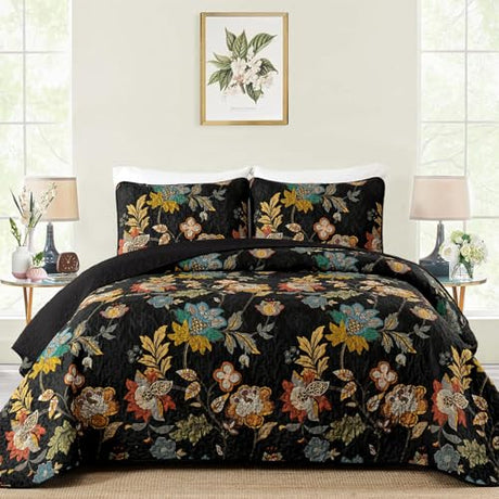 WONGS BEDDING Quilt Set Queen Size, Black Botanical Queen Bedspread Bedding Sets, 3 Pieces Floral Quilt with 2 Pillowcases,Soft Lightweight Microfiber Coverlet Set for All Season(96"X90") WONGS BEDDING