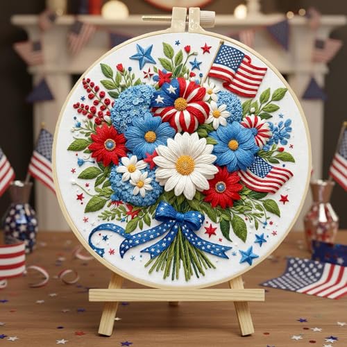 LQCrafK DIY American Independence Day Pattern Creative Design Beginner-Friendly Round Decorative Painting Hand Embroidery Kit Art Present-Bouquet