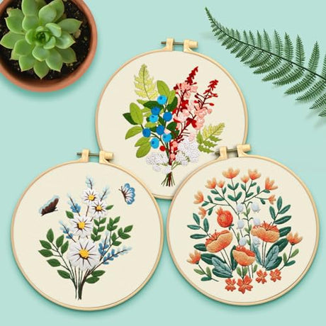ERKOON 5 Sets Embroidery Kit for Beginners, Butterfly Cross Stitch Set for Include Embroidery Cloth Hoops Threads for Craft Lover Hand Stitch (Bouquet) ERKOON