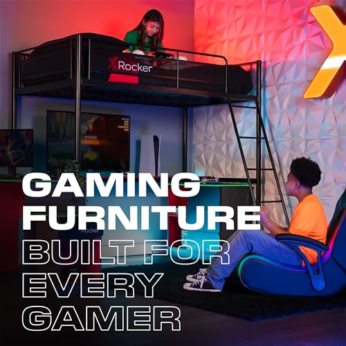 X Rocker Emerald RGB LED Youth Floor Rocking Video Gaming Chair with Headrest Speakers, Armrests, Foldable, Vegan Leather, 200 lbs Max, Amazon Exclusive, Black X Rocker