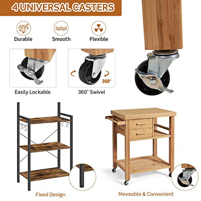 PETSITE Bamboo Kitchen Island Cart, Butcher Block Table on Wheels with Drawers, Shelves, Towel Rack - WoodArtSupply