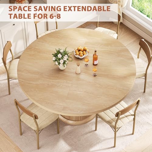 Jocoevol 47″–63″ Extendable Round Dining Table for 4–8 with Dust-Proof 2-Tier Storage Shelf Space-Saving Expandable Dining Room Table Wood Oval Circle Dining Table with Pedestal Base (Natural) Jocoevol