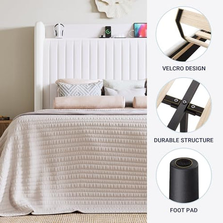 Allewie King Size Platform Bed Frame with USB Charging Station and Storage Shelf/Upholstered Velvet Wingback Headboard/Wooden Slats Support/No Box Spring Needed/Easy Assembly, White Allewie