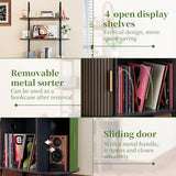 Tall Vinyl Record Player Stand, Black Small Record Storage Cabinet, 4 Tier Arched Bookshelf with Sliding Doors, Fluted Media Display Shelf, Mid Century Modern Turntable Stand for Living Room, Retro Woemtoric