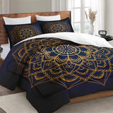 WeCozy Queen Size Comforter Set with 2 Pillowcases, Navy Blue Boho Gold Mandala Soft 3 Pcs Bedding for Kids and Adults Bedroom Bed Decor WeCozy