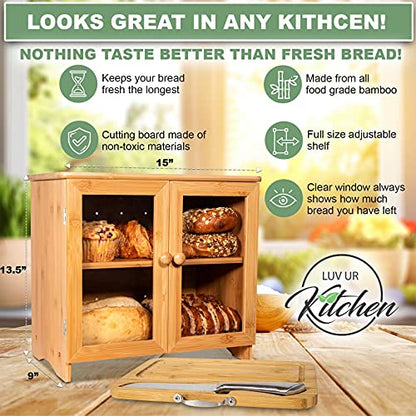 LuvURkitchen Large Wooden Bread Box For Kitchen Countertop, Comes With Thick Bamboo Cutting Board And Stainless Steel Bread Knife. Rustic Bamboo Bread Box With Adjustable Shelf. (easy Self-assembly)