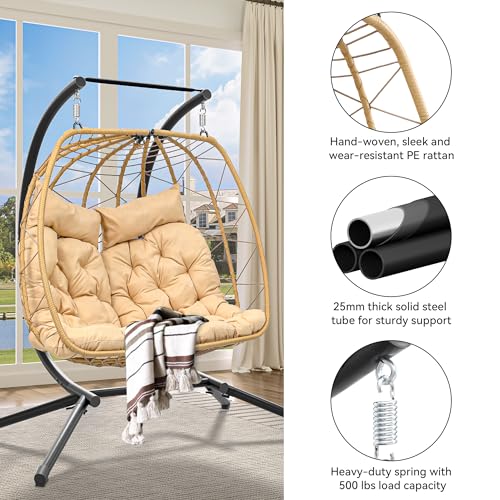 YITAHOME Patio Love Seats Chair with Stand Double Egg Chair, 2 Person Couple Wicker Rattan Chair Outdoor Egg Chair with Cushions 500lbs for Patio, Garden, Poolside and Balcony, Beige