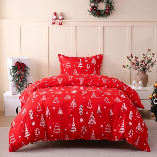 JSD Red Christmas Tree Kids Duvet Cover Set Twin Size, 2 Piece Xmas Comforter Cover with Pillow Sham Zipper Closure, Comforter Not Included JSD