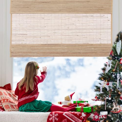 Yin Yang Cordless Blackout Bamboo Roman Shades, Natural Woven Wood Bamboo Shades with Border, Custom Indoor Privacy Lined Bamboo Roman Blinds for Windows, Doors, High Ladder - WoodArtSupply