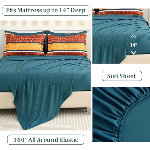 WONGS BEDDING Boho Comforter Set Queen Size,7 Pieces Bed in a Bag Bohemian Striped Bedding Set,Burnt Orange Paisley Floral Comfortet and Sheet Set,Soft Microfiber Bedding Sets for All Season WONGS BEDDING