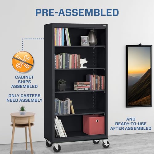 Sandusky Lee BM40361872-09 Mobile Bookcase with 4 Adjustable Shelves, Steel Rolling Bookshelf Storage Cabinet, 78"H, Black Sandusky
