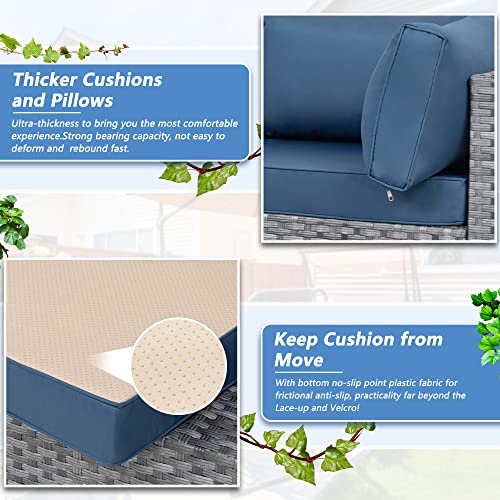 Shintenchi 5 Pieces Outdoor Patio Sectional Sofa Couch, Silver Gray PE Wicker Furniture Conversation Sets with Washable Cushions & Glass Coffee Table for Garden, Poolside, Backyard (Aegean Blue) Shintenchi