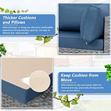 Shintenchi 5 Pieces Outdoor Patio Sectional Sofa Couch, Silver Gray PE Wicker Furniture Conversation Sets with Washable Cushions & Glass Coffee Table for Garden, Poolside, Backyard (Aegean Blue) Shintenchi