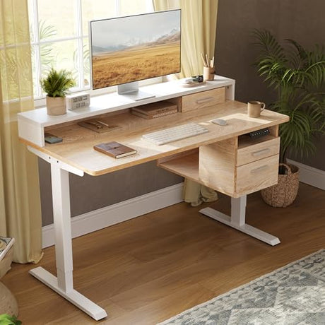 FEZIBO Electric Standing Desk 48 x 24 Inch with Monitor Shelf, 3 Drawers and Open Storage, Home Office Computer Workstation, Maple, 2 Packages FEZIBO