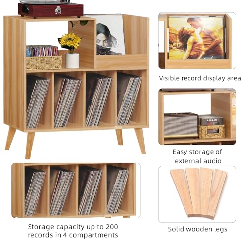 LELELINKY Large Record Player Stand, Turntable Stand with Storage, Vinyl Record Holder with Display Area, Record Player Table Holds Up to 300 Albums, Record Stand for Music room Living Room-Natural LELELINKY