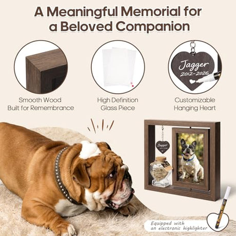 BluBrk Dog Memorial Gifts for Loss of Dog – Rotating Wooden 4x6 Picture Frame with Fur Keepsake Jar & Writable Name Card, Pet Remembrance Sympathy Gift for Dog & Cat Lovers (Brown) BluBrk
