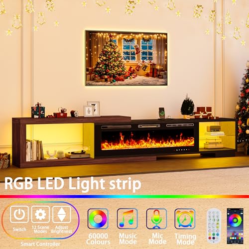 Bvldfamly Fireplace Extendable TV Stand for 120 Inch TV, Modern Entertainment Center with LED Light, Wood Reversible TV Media Console with Power Outlet for Living Room, 71"-116", Black Bvldfamly