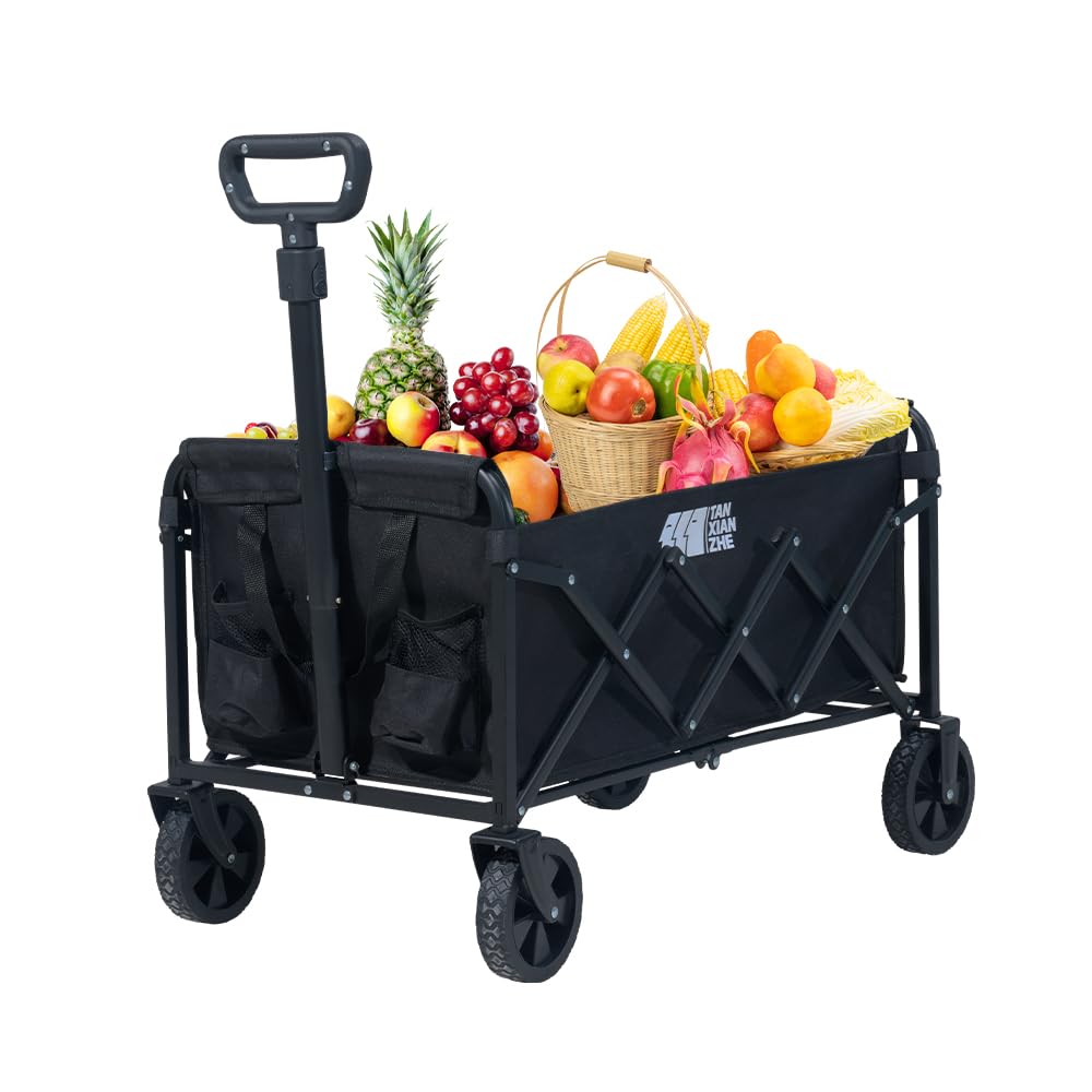 Collapsible Folding Wagon, Heavy Duty Foldable Wagon with Wheel, Lightweight Utility Grocery Wagon with 180lbs Weight Capacity for Garden, Beach, Camping Sports, Fishing (Black) - WoodArtSupply