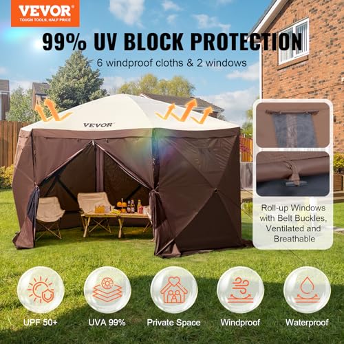 VEVOR Pop Up Gazebo Screen Tent 6 Sided Canopy Sun Shelter with 6 Removable Privacy Wind Cloths & Mesh Windows, 11.5x11.5FT Quick Set Screen Tent with Mosquito Netting, Brown VEVOR
