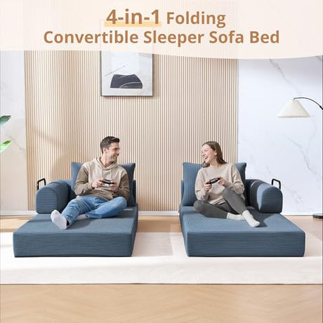 YUUIJOAA 4-in-1 Folding Convertible Sofa Bed, 78 Inch Oversized Corduroy Loveseat Sleeper with Pull Out Bed, Boneless Futon Couch for Living Room Apartment, No Assembly Needed, Blue YUUIJOAA