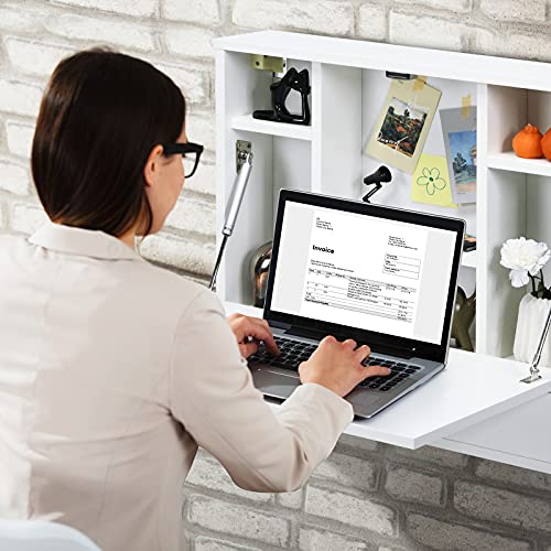 COSTWAY Wall-mounted Computer Desk, Floating Desk with Storage Drawer & Shelves, Fold-up Desktop & Pneumatic Springs, Ideal for Home, Office, Dormitory, Small Spaces (White) COSTWAY