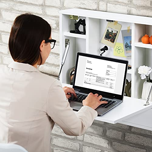 COSTWAY Wall-mounted Computer Desk, Floating Desk with Storage Drawer & Shelves, Fold-up Desktop & Pneumatic Springs, Ideal for Home, Office, Dormitory, Small Spaces (White) - WoodArtSupply