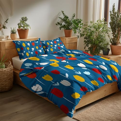 Blue Duvet Cover Set Small Single Size, 2-Piece Reversible Bedding Set, Brushed Microfiber Bedding with Zipper Closure & Corner Ties, Soft Breathable Minimalist Plants Fresh Flowers Duvet Cover Generic