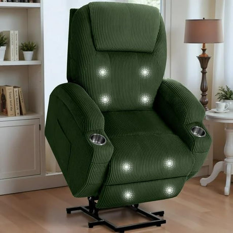 Electric Power Lift Recliner Chair with Massage for Elderly Corduroy Fabric Recliner Single Sofa with Cup Holders, Side Pockets and Remote Control for Living Room Bedroom (Green) Furmax