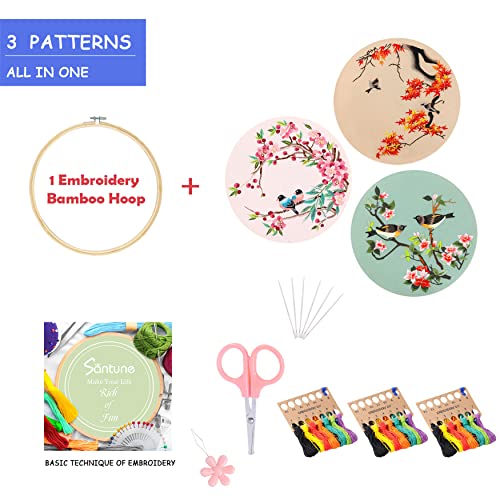 Santune 3 Pack Embroidery Kit for Adults Cross Stitch Kits for Beginners with Bird Patterns,3 Instructions,1 Hoop,Threads and 6 Needles,Hand Needlepoint Sets for Women