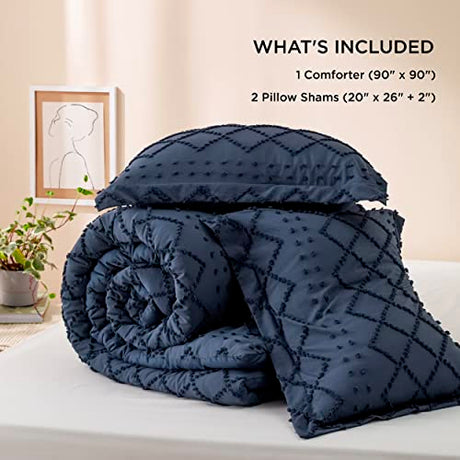 Bedsure Queen Comforter Set - Navy Blue Comforter, Boho Tufted Shabby Chic Bedding for Kids, 3 Pieces Vintage Farmhouse Bed Set for All Seasons, Fluffy Soft Bedding with 2 Pillow Shams Bedsure