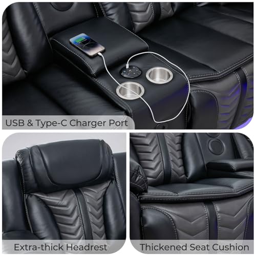 Power Electric Recliner Sectional Sofa Couch with Bass Speakers for Living Room, Faux Leather Sectional Reclining Corner Couches Sets with LED Lights, Home Theater Sectionals with Recliners, Black