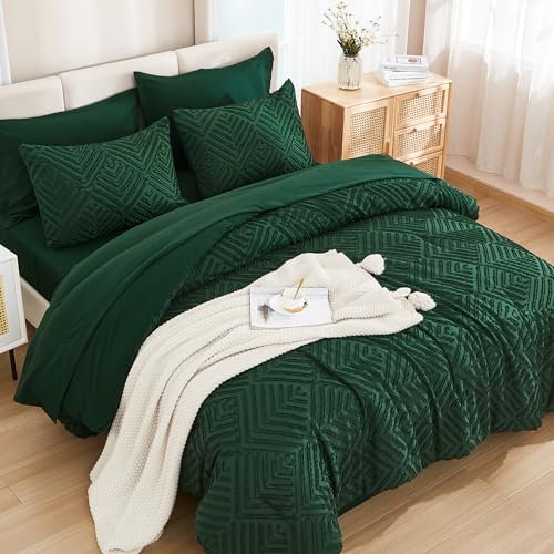 Andency Queen Comforter Set 7 Piece Dark Emerald Green - Bed in a Bag Queen Boho Lightweight Fluffy Tufted Bedding Sets with Comforter, Sheets, Pillowcases & Shams Andency