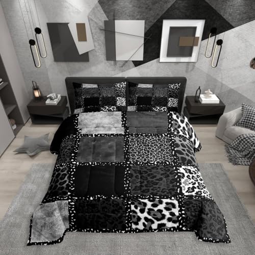 Erosebridal Grey Leopard Print Full Size Comforter Sets for Kids Boys Girls,Animal Skin Texture Bedding Set,Patchwork Geometric Duvet Insert,Farmhouse Quilt Bedroom Decor Erosebridal