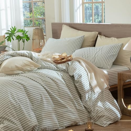 MooMee Striped Duvet Cover Set 100% Washed Cotton Linen Like Textured Breathable Durable Soft Comfy (Sage Green White Classic Stripes, King 104"x90") MooMee