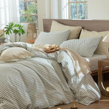 MooMee Striped Duvet Cover Set 100% Washed Cotton Linen Like Textured Breathable Durable Soft Comfy (Sage Green White Classic Stripes, King 104"x90") MooMee