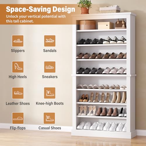 knoworld Freestanding Shoe Cabinet, Holds 40-45 Pairs, 71 Inch Tall 9-Tier Shoe Rack with Adjustable Shelves, Heavy Duty Open Storage Organizer for Entryway Hallway，White knoworld