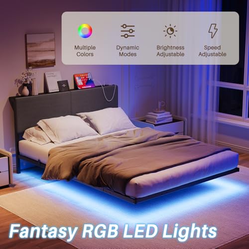 HOMERECOMMEND Floating Bed Frame Queen Size with Storage Headboard and Charging Station, Upholstered Platform Bed with LED Light, Heavy Duty Metal Slats, No Box Spring Needed,Black and Grey HOMERECOMMEND