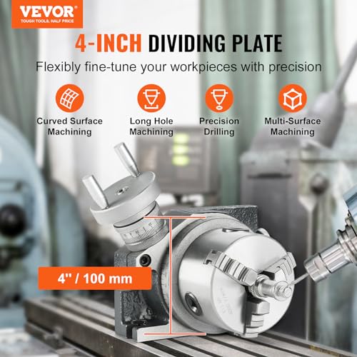 VEVOR Rotary Table for Milling Machines, 4''/ 100 mm, Horizontal Vertical Model Precision Milling Rotary Table, with 3.1''/80 mm 3-Jaw Chuck M10 T-Bolts Nuts, for Milling Engineering Indexing Tools VEVOR