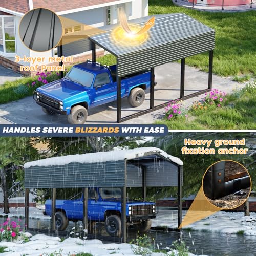 Metal Carport 10x15ft Heavy-Duty | Military-Grade Reinforced Garage Kits with Steel Roof & Hurricane | 80lbs/Sq.Ft Snow/RV/Camper/Truck/Tractor Shelter K Knowbody