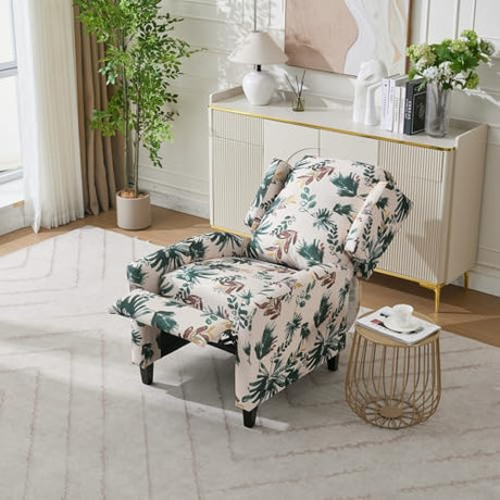 KISSLIVE Push Back Recliner Chair with High Back, Blue Floral Print Fabric Upholstery, Classic Wing Back Design, 250 LBS Capacity (Beige) KISSLIVE