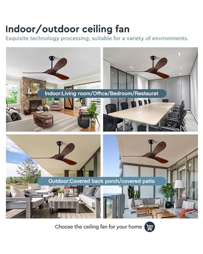 YKXONFA Solid Wood Ceiling Fans Without Light, 52 inch Real Wood Ceiling Fan with 6-Speeds 3 Wood Blades, Indoor Outdoor Ceiling Fans for Garage, Farmhouse, Living Room, Bedroom, Office YKXONFA
